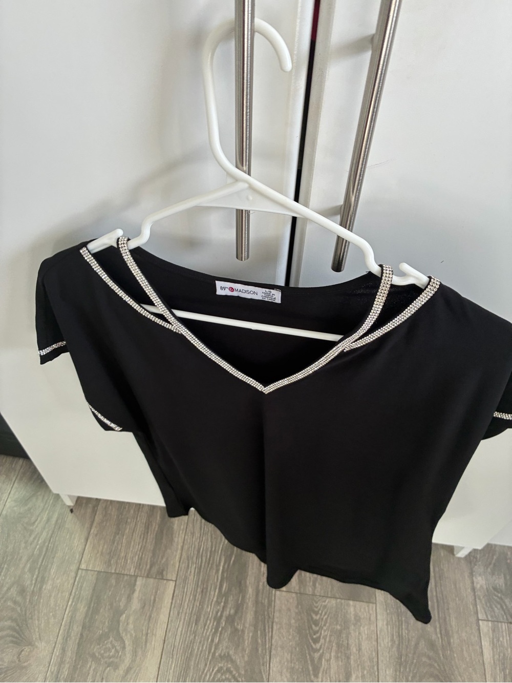 Madison Black V-Neck Top with Crystal-Trimmed Neckline
